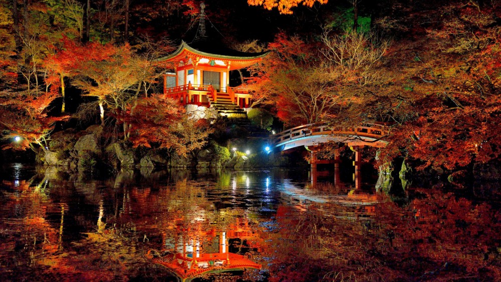 日本夜晚桥楼梯水反射光亮高清壁纸(1920x1080)