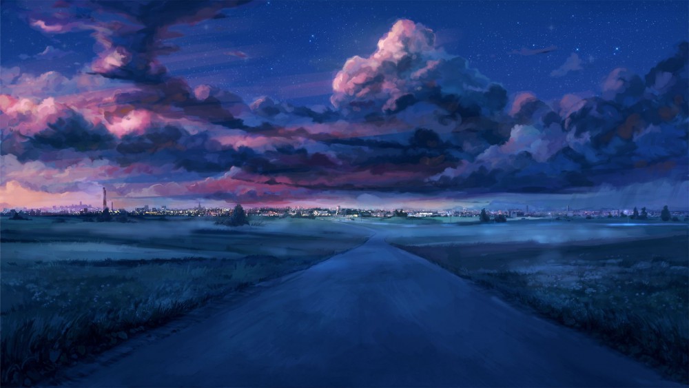 傍晚晚霞夜空城市景观电脑壁纸