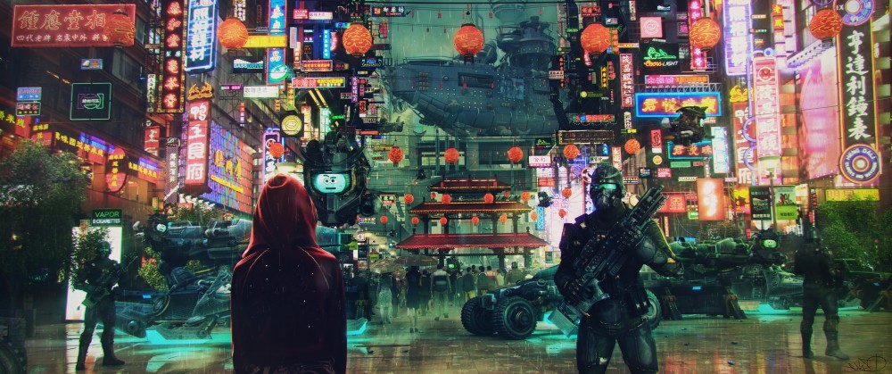 赛博朋克科学幻想霓虹灯士兵带鱼屏壁纸