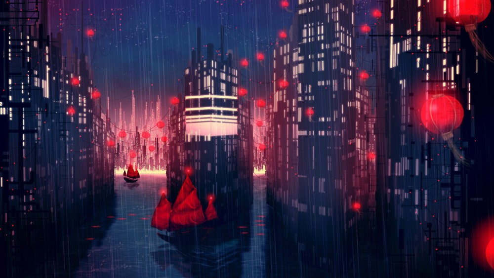夜晚下雨城市船灯笼概念艺术高清壁纸(1920x1080)