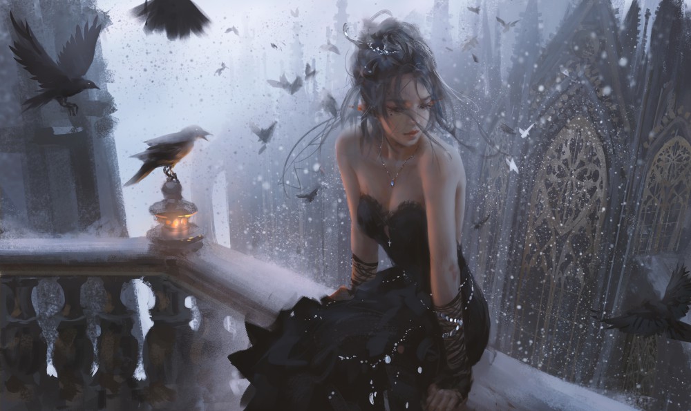 冰公主海琴烟黑色连衣裙坐在栏杆上鬼刀8k壁纸(8400x5000)
