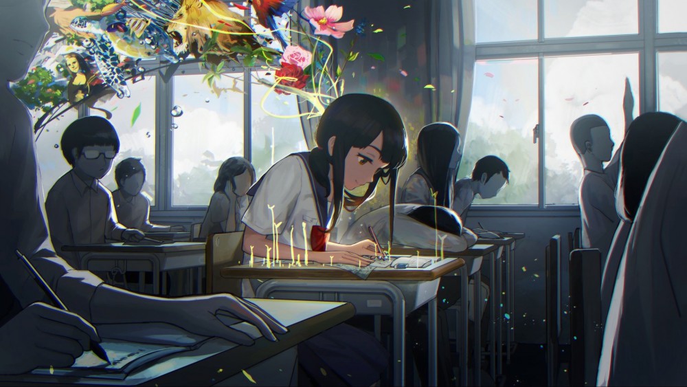 动漫美女校服书桌校园抽象高清壁纸(1920x1080)