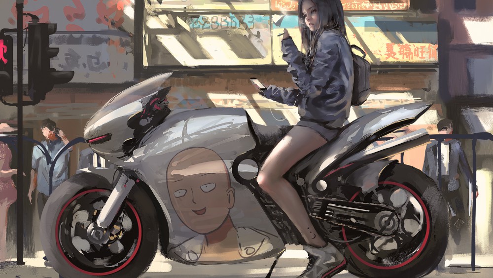 wlop女孩骑着摩托车一拳超人高清壁纸(1920x1080)