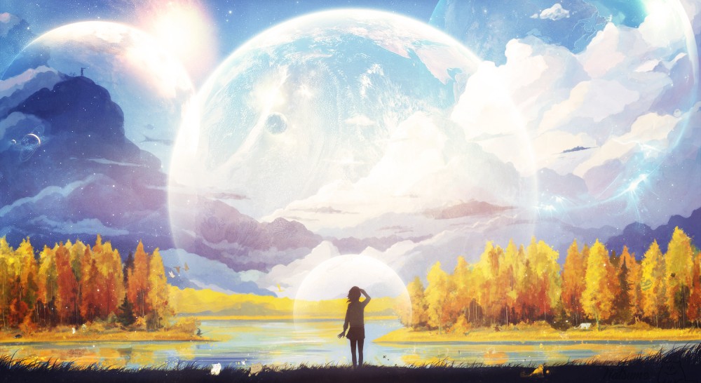 幻想艺术动漫高山月亮森林高清壁纸