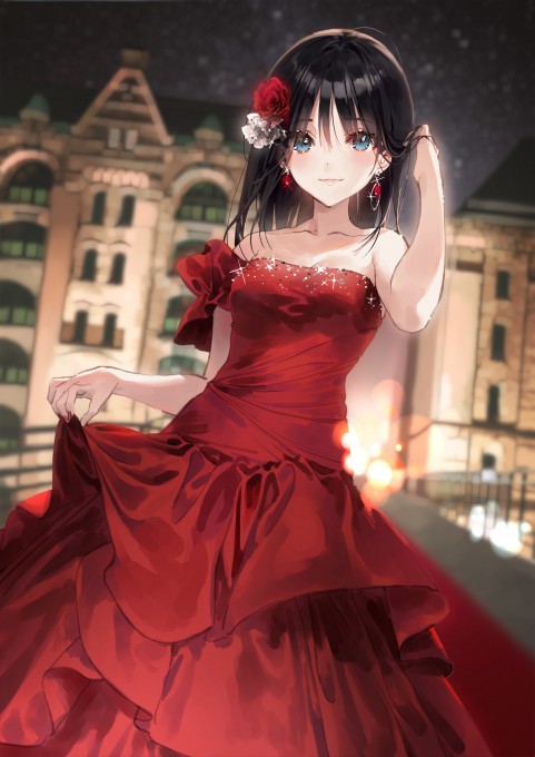 红色连衣裙二次元美女2k手机壁纸