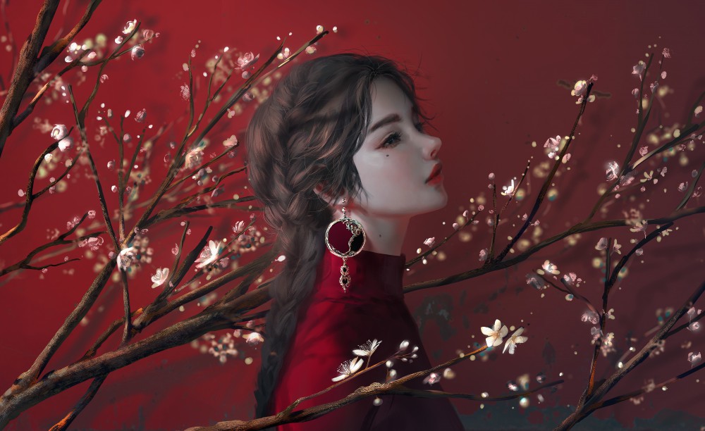 红衣美女侧脸8k电脑桌面壁纸