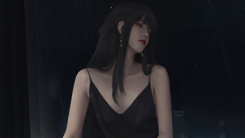 长发少女黑色吊带裙好看的4k动漫美女壁纸