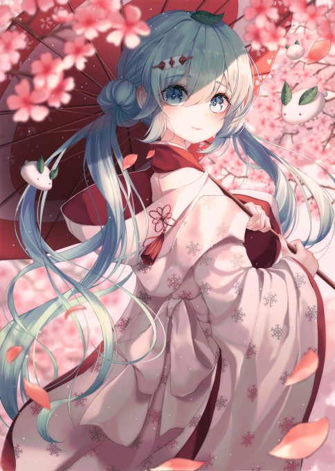 初音未来樱花树下撑伞2k手机壁纸(2528x3555)