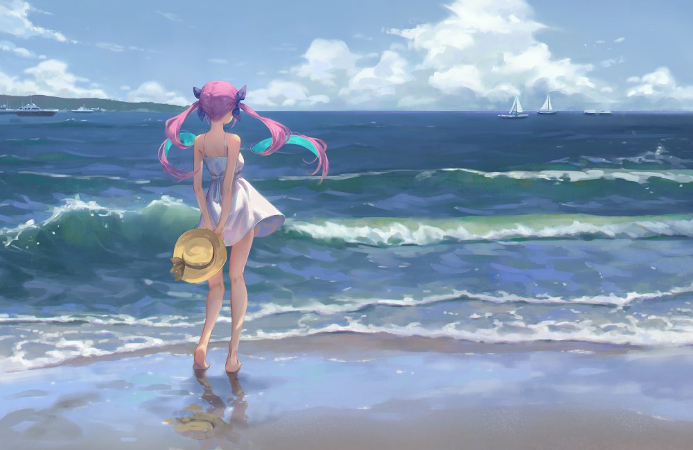 凑阿库娅海边背影高清电脑桌面壁纸(2400x1557)