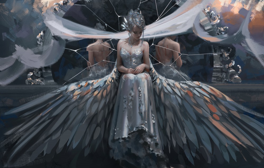 冰公主海琴烟坐在破碎镜子前鬼刀8k壁纸(9000x5730)