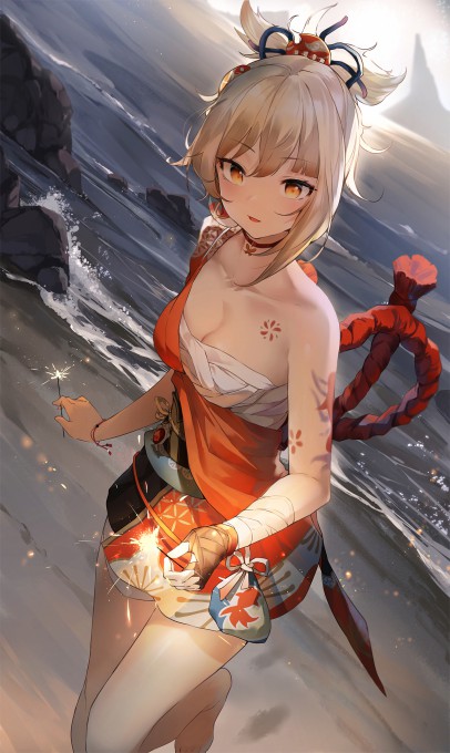 《原神》宵宫海边手拿着仙女棒高清手机壁纸(1434x2400)