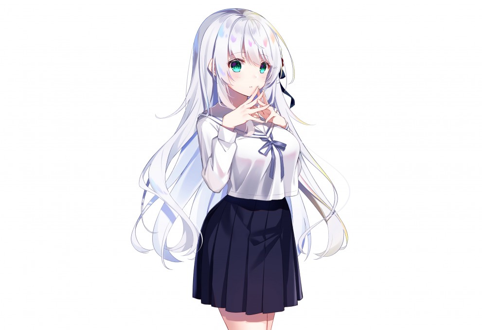动漫学校女生白色头发校服绿色眼睛动漫4k壁纸