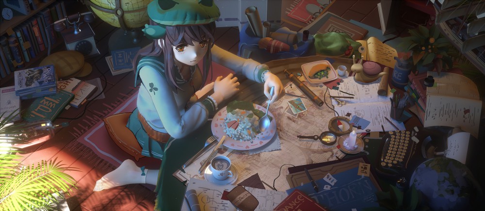 3d动漫女孩房间食物校服桌面壁纸