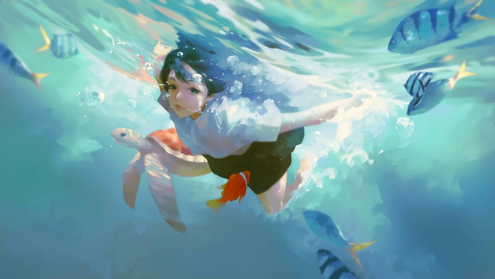 蓝色海水水下女孩海龟鱼唯美意境4k动漫壁纸(3840x2160)