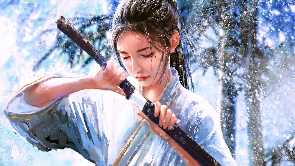 雪竹女生雪景人头像黑发单马尾宝剑4k动漫壁纸