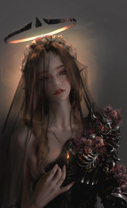 wlop画师头顶光环棕色长发上半身8k手机壁纸(5000x8200)