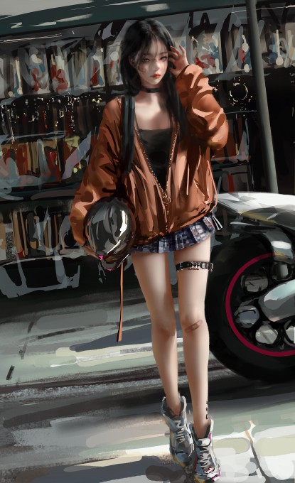 黑色长发百褶裙摩托车头盔8k手机壁纸(5000x8200)