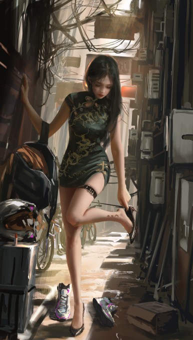 wlop画师小巷单腿站立换高跟鞋8k手机壁纸(5000x8800)