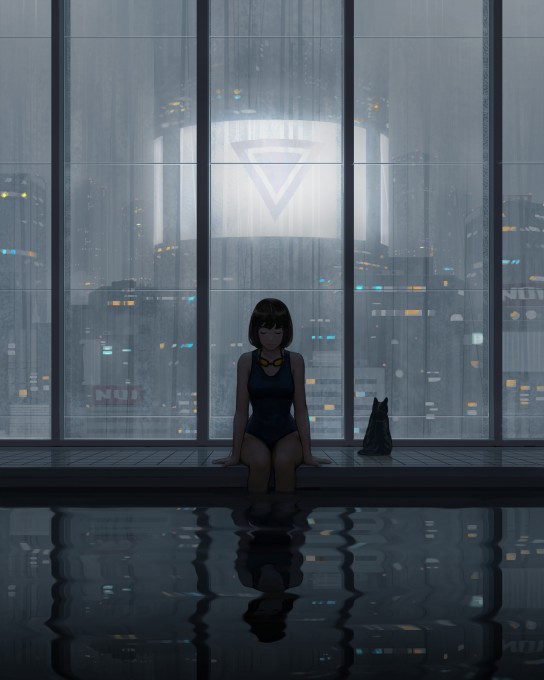 室内游泳池猫和短发女孩4k手机壁纸