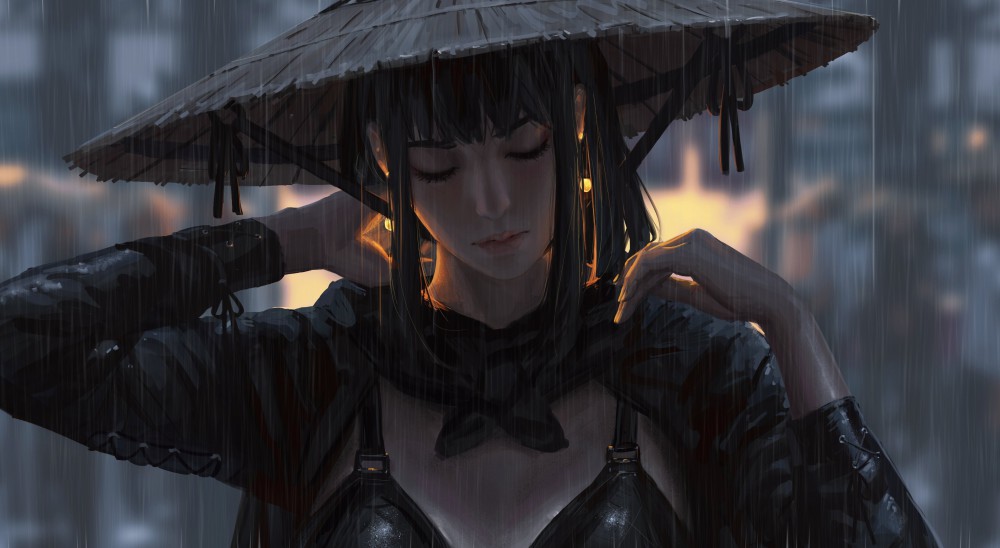 雨中头戴斗笠4k电脑桌面壁纸