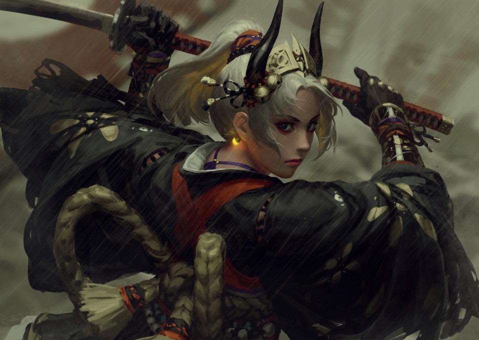 武士雨中手拿武士刀6k电脑桌面壁纸
