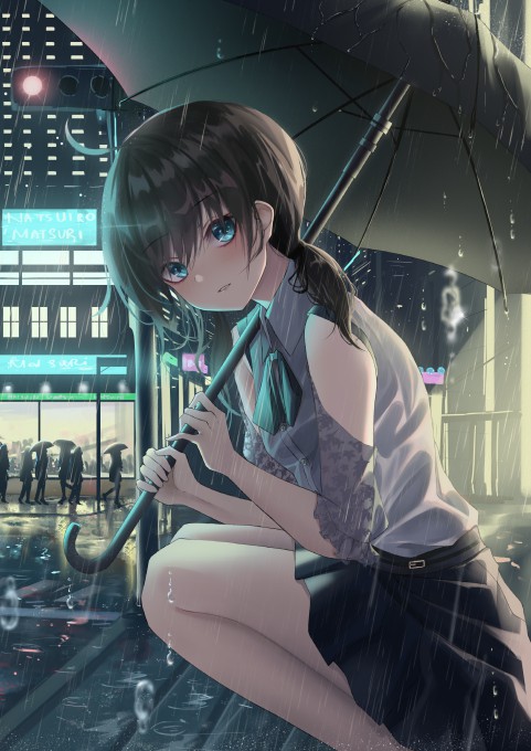 夏色祭雨中撑伞蹲在地上2k手机壁纸