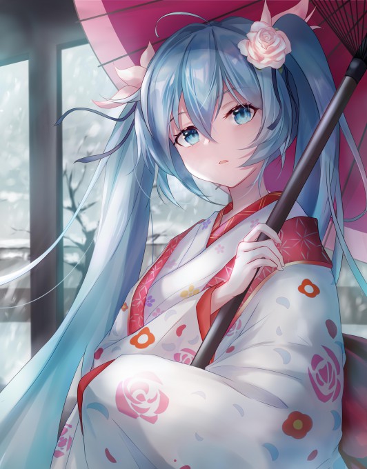 初音未来和服撑伞4k手机壁纸