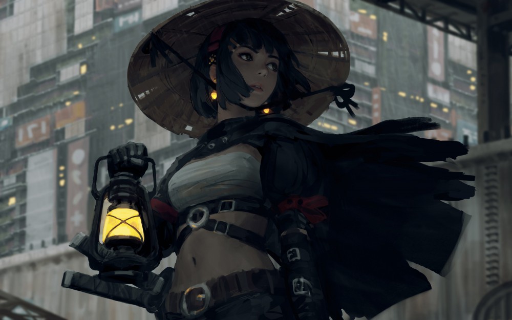 戴着斗笠武士提着灯4k电脑桌面壁纸(4096x2559)
