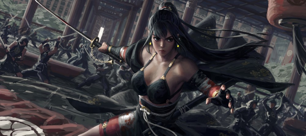 战场中手持武士刀黑色长发4k电脑桌面壁纸