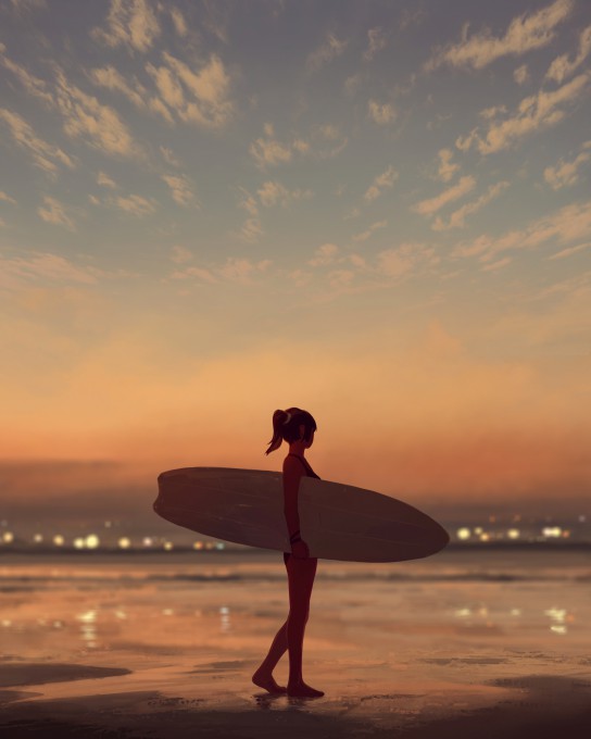 夕阳海边沙滩女孩侧抱着冲浪板2k手机壁纸(3000x3750)