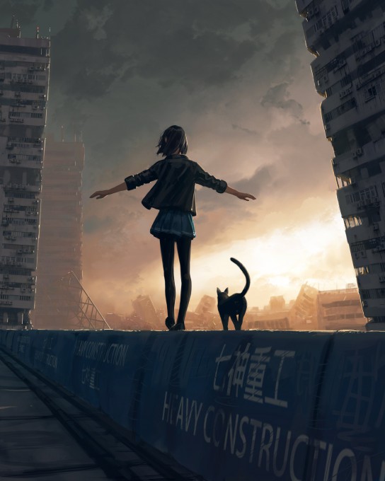 黑猫和短裙女孩4k手机壁纸
