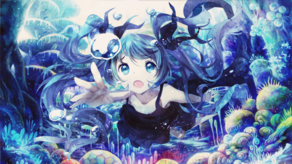 初音未来vocaloid水下气泡黑色连衣裙高清桌面壁纸