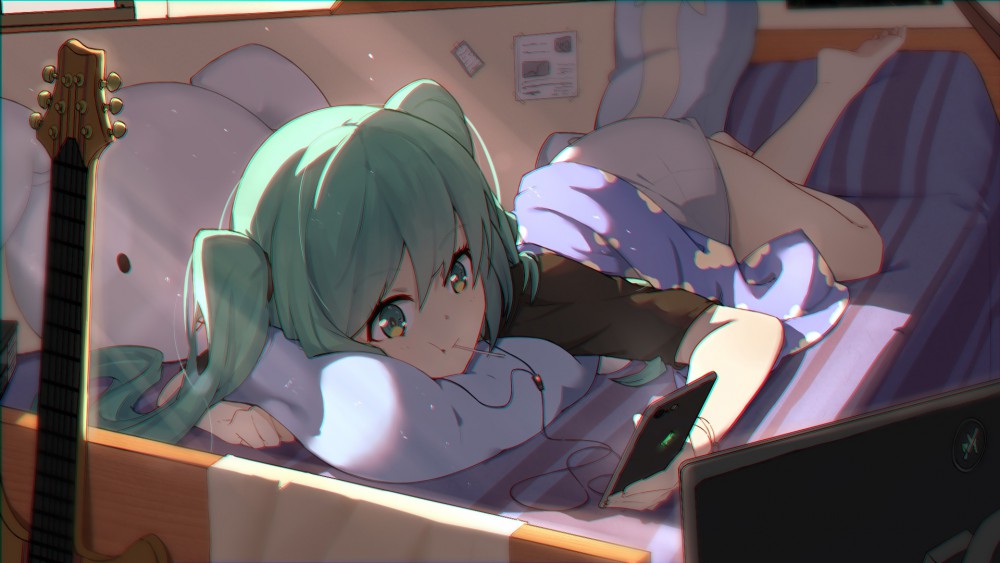 初音未来vocaloid懒惰躺着棒棒糖桌面壁纸