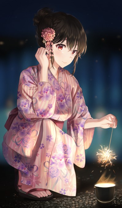 美丽的动漫女孩和服浴衣节日闪耀4k手机壁纸