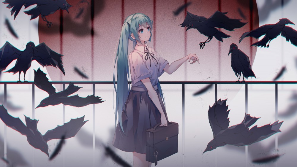 初音未来vocaloid乌鸦校服鸟动漫桌面壁纸