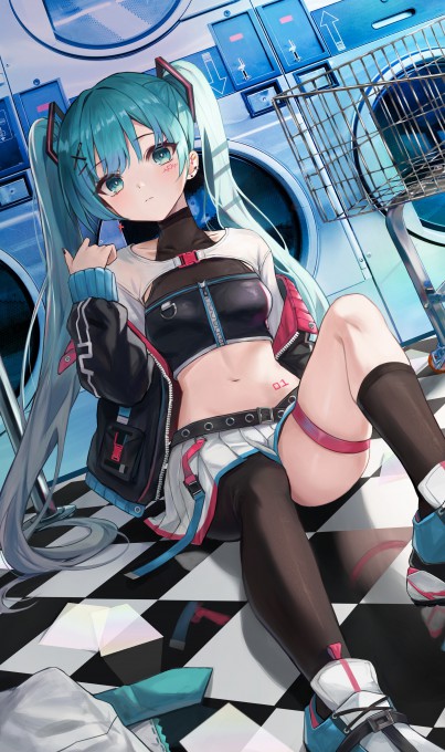 初音未来倚靠洗衣机5k手机壁纸
