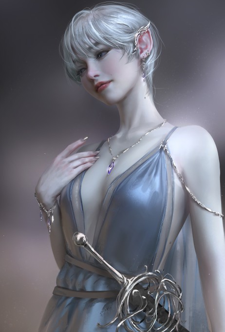 银色短发深V连衣裙8k手机壁纸(6000x8840)