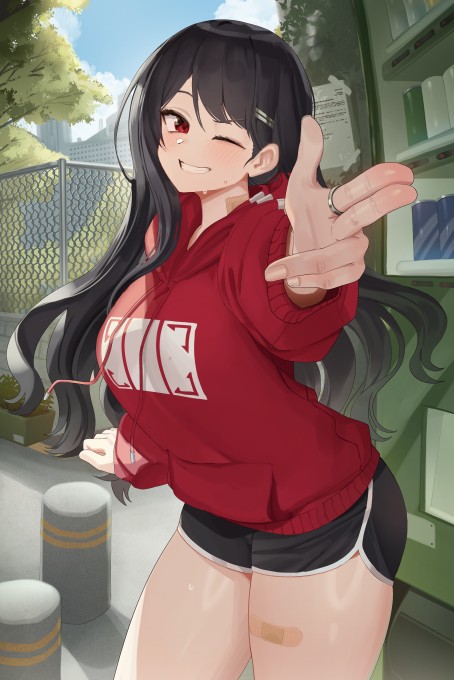黑色长发红色卫衣穿短裤的女孩4k手机壁纸