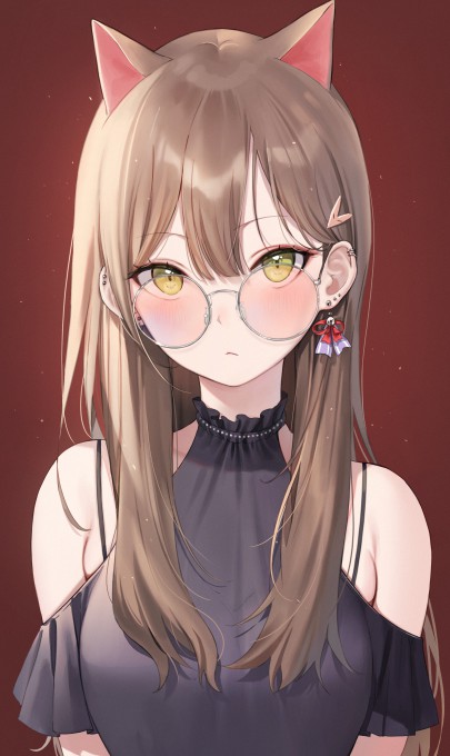 棕色长发戴着圆框眼镜猫女4k手机壁纸(2399x4028)