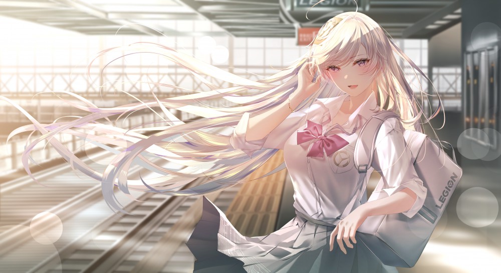 火车站白色长发女孩白衬衫百褶裙校服5k电脑桌面壁纸(5331x2904)