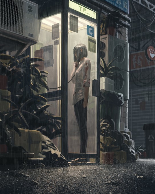 雨天电话亭里打电话的女人4k手机壁纸