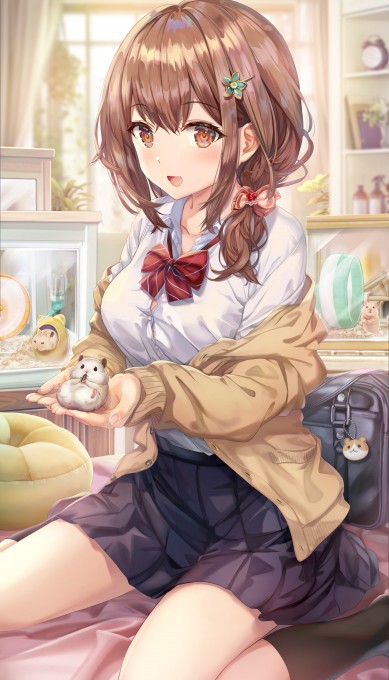 棕色长发女孩百褶裙双手捧着仓鼠6k手机壁纸(4182x7307)