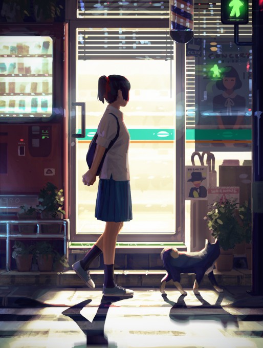 夜晚一女一狗路过路边小店4k手机壁纸