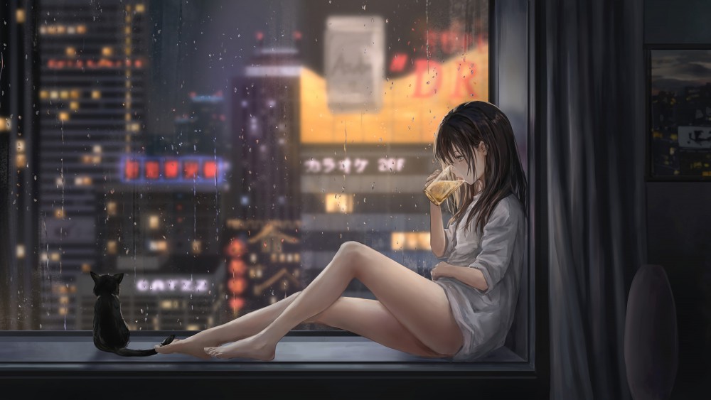 女孩坐在窗台喝啤酒4k动漫壁纸