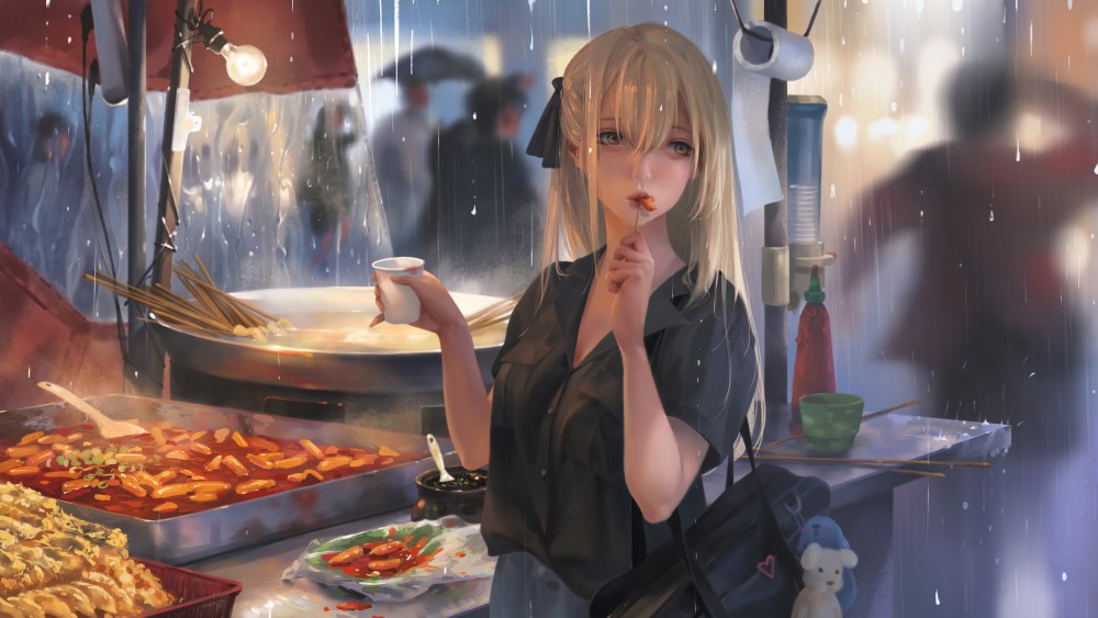 动漫女孩街头吃美食4k壁纸(4000x2250)