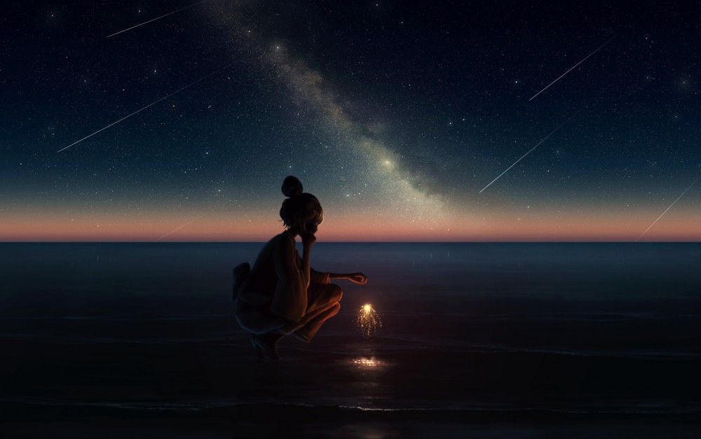 动漫女孩海滩流星夜晚烟花棒高清动漫桌面壁纸