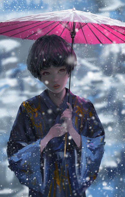 鬼刀小绿下雪撑伞6k手机壁纸(4000x6292)