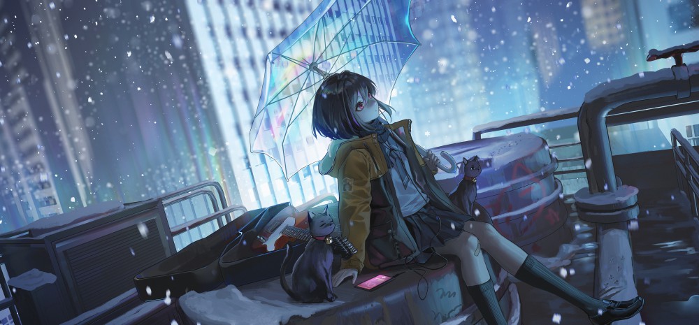 城市楼顶雨伞短发校服动漫女孩带鱼屏壁纸