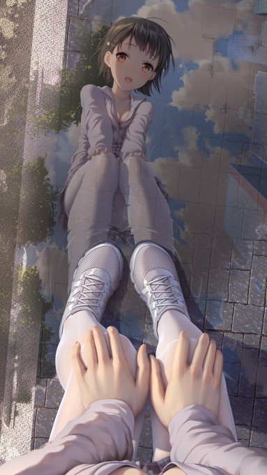 动漫女孩黑色短发连裤袜水中倒影2k手机壁纸