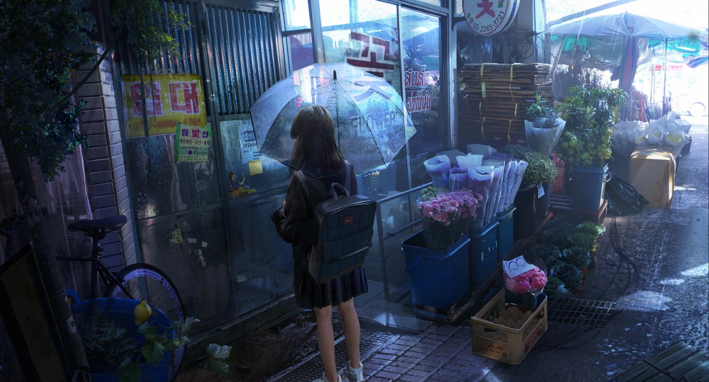 女孩背着书包撑着透明雨伞2k电脑桌面壁纸
